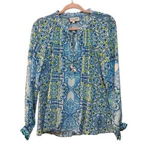 Hale Bob Women’s Sz S Silk Boho Blouse Blue Green Paisley Tie Neck Long Sleeve